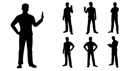 Silhouette illustrations of business people holding phones and tablets in various poses on a white background