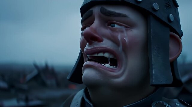 Desperate man wearing helmet, crying with tears streaming down his face against a gray backdrop
