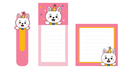 A set of bookmarks and writing sheets with a cheerful kitten. Vector graphics. Chancellery