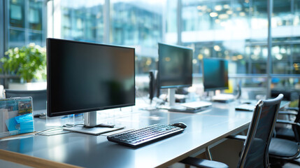 A modern office space featuring multiple computer workstations and an ergonomic office chair