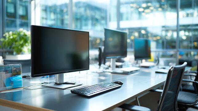 A modern office space featuring multiple computer workstations and an ergonomic office chair - Powered by Adobe
