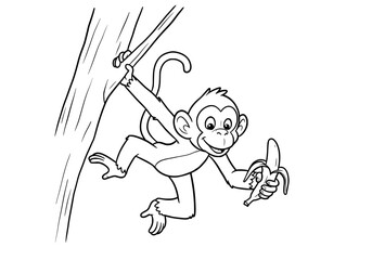 Fototapeta premium Playful monkey swinging from tree branch holding a delicious banana, perfect for kids' content