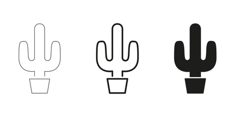 Cactus In Pot In Line, Outline, And Glyph Icon Set. Desert Plant And Succulent Symbol Collection. Nature And Home Decor. Isolated Vector Illustration