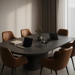 Naklejka premium Modern Conference Room with Leather Chairs and Laptops on Oval Table