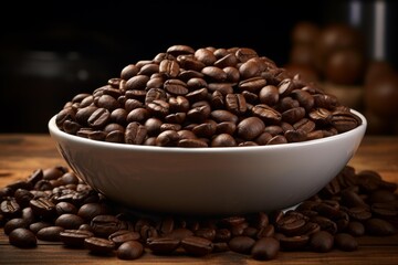 Fototapeta premium Roasted coffee beans overflowing a white bowl and spilling onto a rustic wooden table, creating a warm and inviting scene