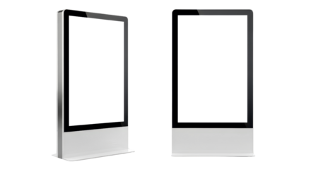Two modern digital kiosks with blank screens for advertising mockup isolated PNG with Transparent Background