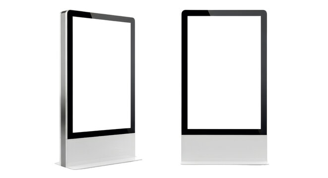 Two modern digital kiosks with blank screens for advertising mockup isolated PNG with Transparent Background