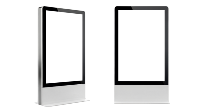 Two modern digital kiosks with blank screens for advertising mockup isolated PNG with Transparent Background