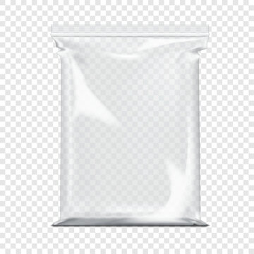 Clear plastic pouch with zip lock on transparent background. Realistic vector mock-up. Empty zipper poly bag. 3d mockup. Glossy vinyl envelope sleeve resealable package. Template for design