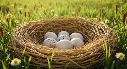 Obraz premium Bird Nest with Eggs in Green Field with Daisies and Wheat Grass