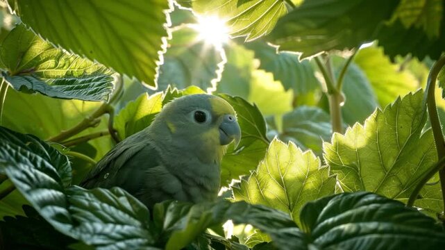 Parrot nestled in lush foliage