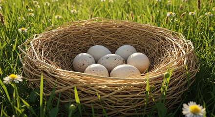Obraz premium Nest with White Eggs in Green Grass Meadow Bright Sunlight Natural Scene