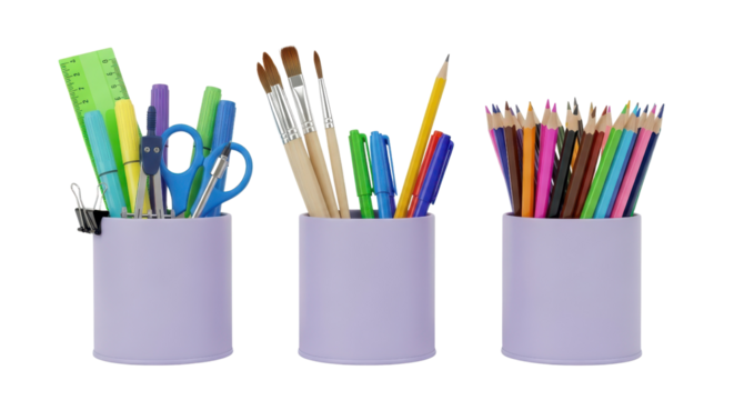 Colorful school and art supplies in purple pencil holders isolated PNG with Transparent Background