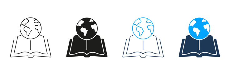 Open Book With Globe Line And Solid Icon Set. Global Education, Knowledge Sharing, And World Learning Symbol Collection. International Studies And Cultural Exchange. Isolated Vector Illustration