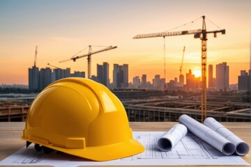 Construction Site at Sunset with Hard Hat and Blueprints in Foreground
