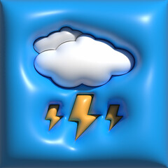 3D render cute clouds and lightning bolt, three dimensional symbols or weather icon