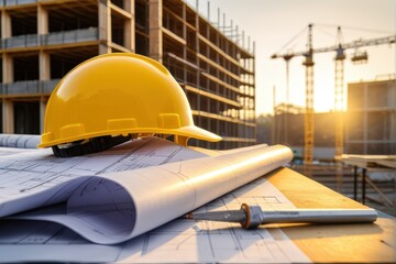 Construction Site Sunset with Hard Hat and Blueprints on Table