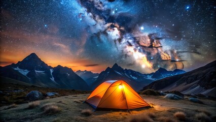 Cozy tent glowing under a starry night sky, with mountain silhouettes in the background, 8k Details Resolution