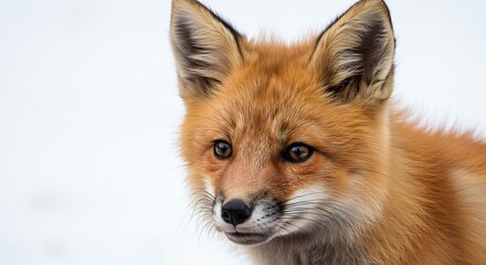 Fototapeta premium 愛らしいキツネの仔 輝く瞳 冬景色バック. AI Generated