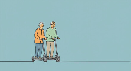 Elderly couple riding scooters together on blue background - Concept of single line outline vector  