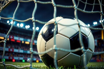 Close-Up View of a Soccer Ball in a Net Under Stadium Lights