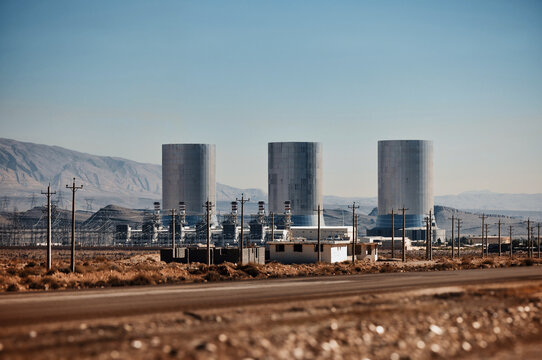 Shiraz power station, extraction of electricity in the desert. Combine Cycle Power Plant, Combined Heat and Power. Cooling towers of a thermal power plant. Iran's energy sector.