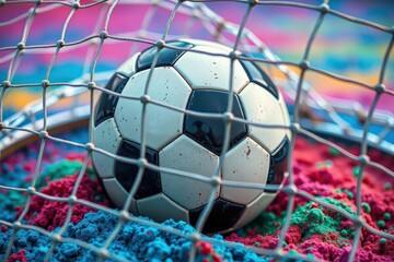 Soccer Ball Inside Goal Net on Colorful Sand Background