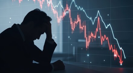 Silhouetted Man Analyzing Falling Stock Market Graph with Red and Blue Lines in Dark Office