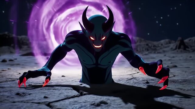 Cartoonish blue devil emerges from cracked earth, portal behind, on desolate planet
