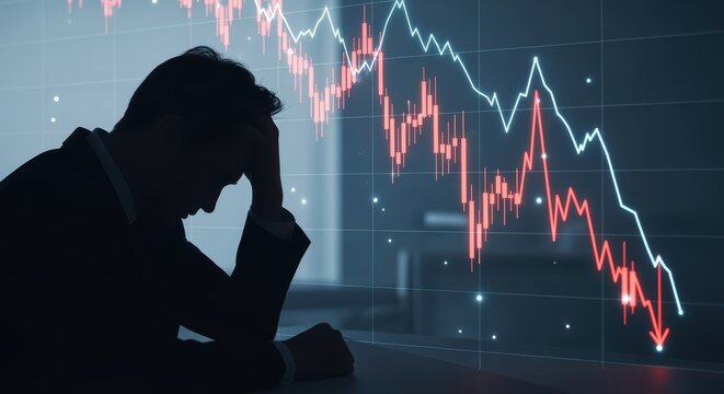 Silhouetted Man Analyzing Falling Stock Market Graph with Red and Blue Lines in Dark Office