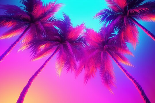 Colorful palm trees create a tropical paradise atmosphere under a vibrant, neon lit sky, evoking a sense of summer fun and relaxation