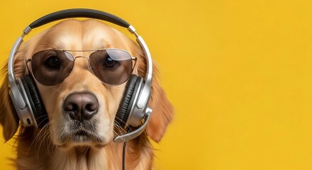 Cool Golden Retriever Dog Wearing Headphones and Sunglasses