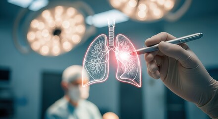 Surgeon's Hand Interacts with Glowing 3D Lungs Model in Operating Room
