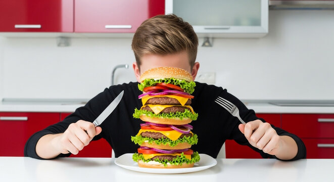 A young boy sitting at a table ready to take on the challenge of eating a gigantic, multi-layered hamburger, a concept of big appetites