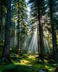 Fototapeta premium Forest and clean sky with rays of sun filtered by ozone