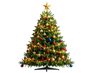  Decorated Christmas Tree with Ornaments and Lights Isolated on Transparent Background PNG