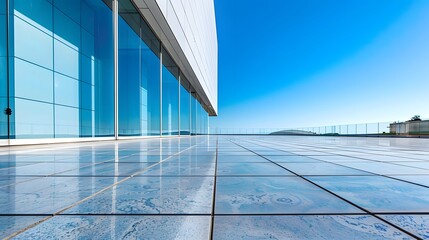 Modern Building Glass Facade Plaza Reflection Blue Sky