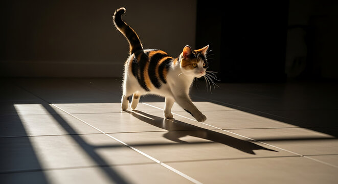 A calico cat walks across a sunlit tiled floor, casting a long shadow, with its tail raised in a bright, indoor setting.