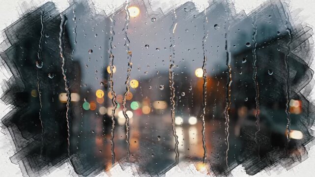 Rain-streaked window blurs a city street with lights and a brushstroke border