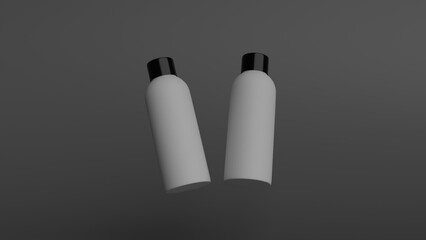 Realistic 3D render of a minimal cylindrical bottle with a matte finish and black cap, isolated on a dark background. Suitable for packaging design of shampoo, body wash, toner, lotion, or cosmetic pr