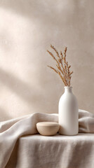 Minimalist still life featuring a white ceramic vase with dried grass, a small wooden bowl, and a soft linen cloth on a neutral background, creating a serene atmosphere