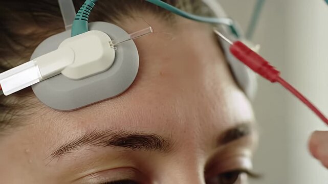 Woman's face close-up wearing medical sensor with wires attached on her forehead