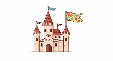 Fototapeta premium Cartoon Castle with Floral Flag and Blue Pennants Illustration