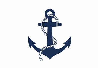 Navy Blue Anchor with Rope, Nautical Symbol, Isolated on White Background