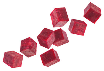 Beautifully retouched beetroot cubes fly in space forming a chain shape. Isolated on white