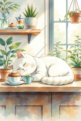 Cozy White Cat Sleeping by Potted Plants and Dessert Treats