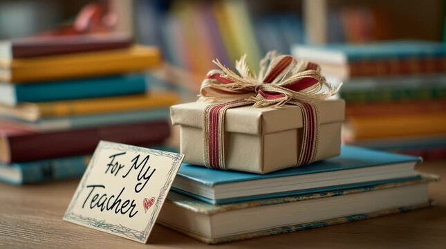 A gift for my teacher with a card and a present on top of books stacked on a wooden surface