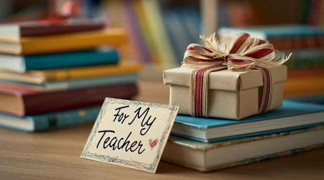 Still life of a gift box with ribbon on books and a card for my teacher on a wooden surface