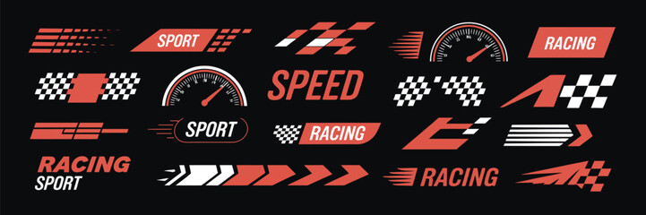 Sport Car Decal Stripe Vector Set – Red Racing Speed Stripes – Car Tuning Stickers Isolated on Black Background for Automotive Design and Vehicle Customization

