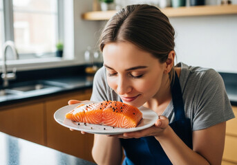 A woman with a look of delight, smelling a freshly baked salmon dish in her kitchen, capturing the sensory pleasure of homemade cooking